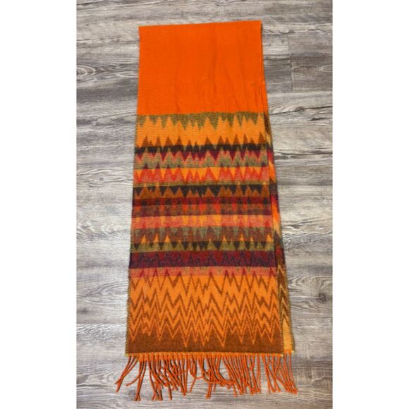 Made in Scotland 100% Cashmere Scarf Orange Green Red Chevron Fringe 64"x12" - Picture 5 of 7